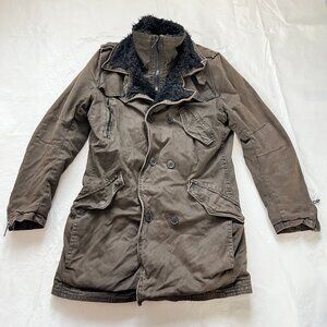 Rogue military style coat mens Medium brown gray canvas faux fur lining zipper